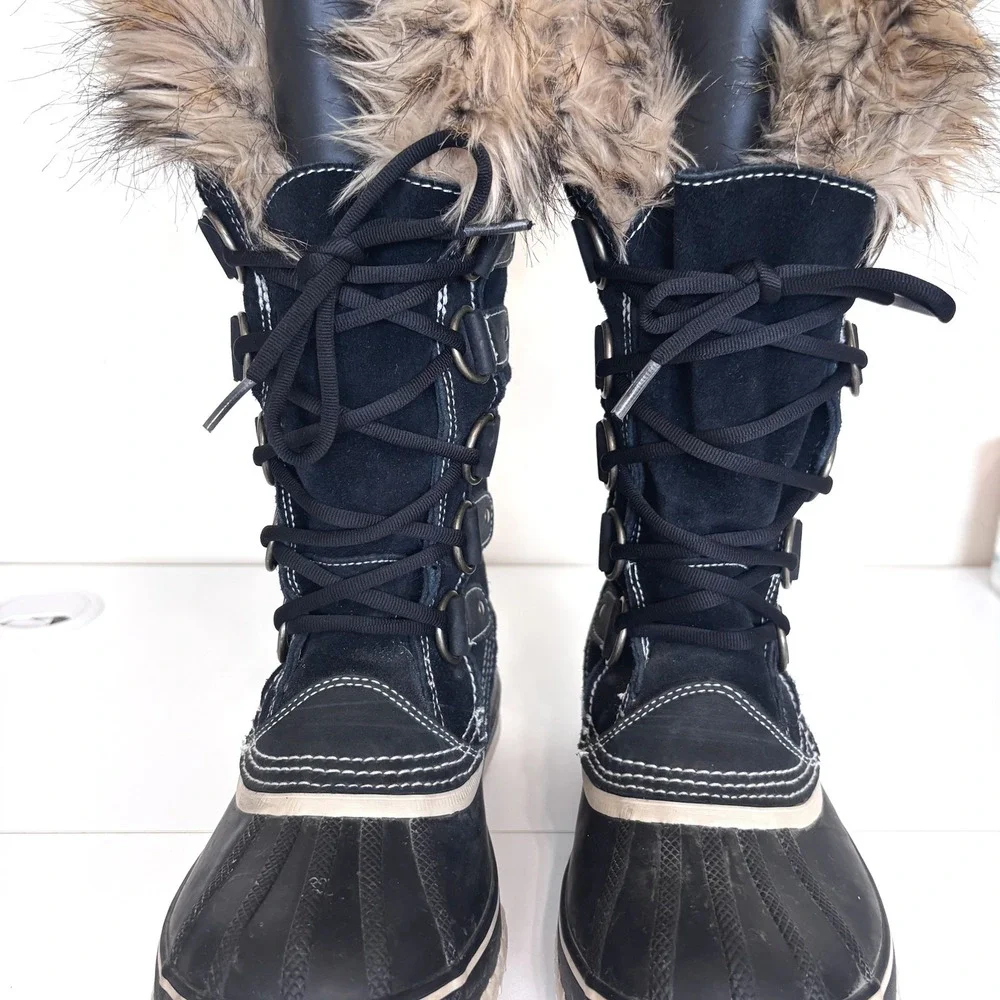 SOREL Womens Joan of Arctic Winter Boot 6 Black Suede Waterproof Faux Fur Snow